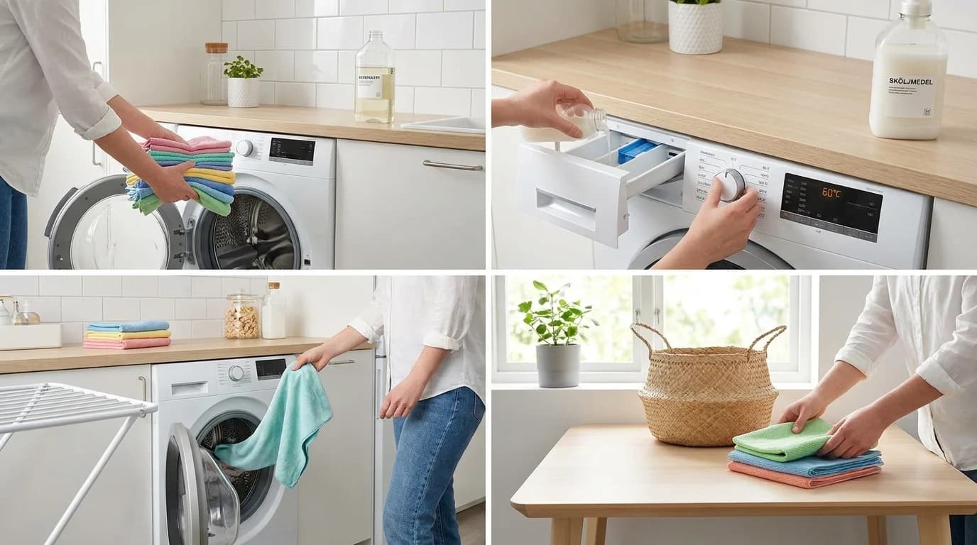 Tvätta mikrofiberdukar rätt — 60 grader, aldrig sköljmedel