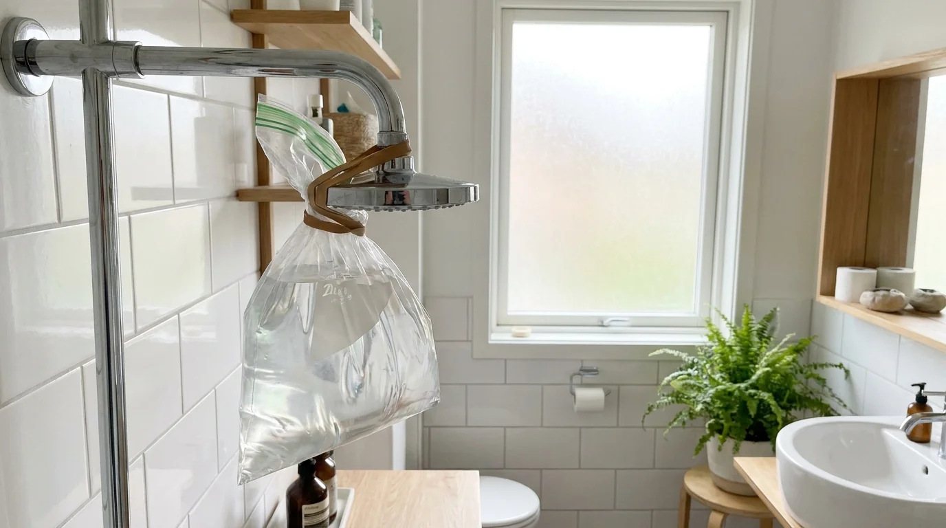 Plastpåse med avkalkningslösning fäst runt ett duschmunstycke