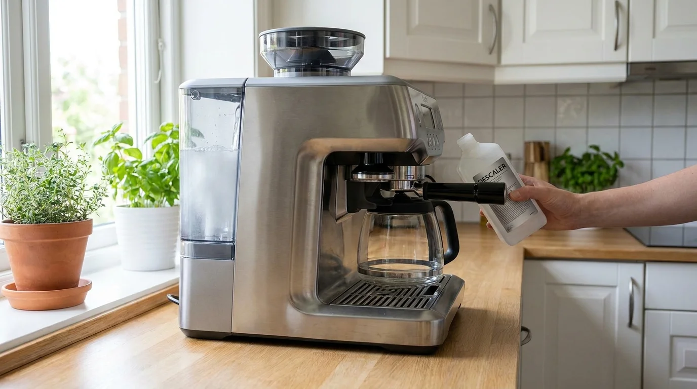 Helautomat espressomaskin förbereds för avkalkningsprogram