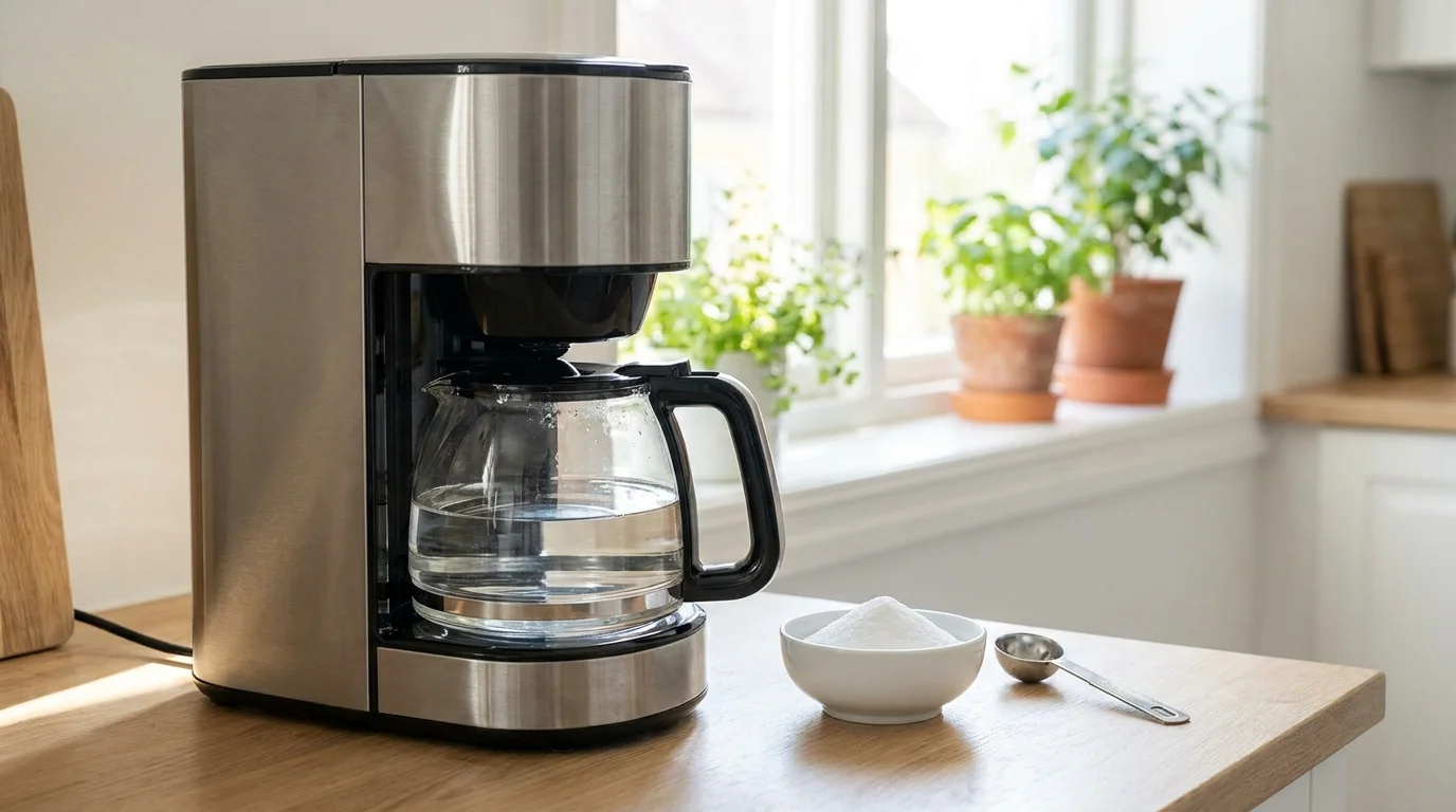 Kaffebryggare avkalkas med citronsyralösning på köksbänk
