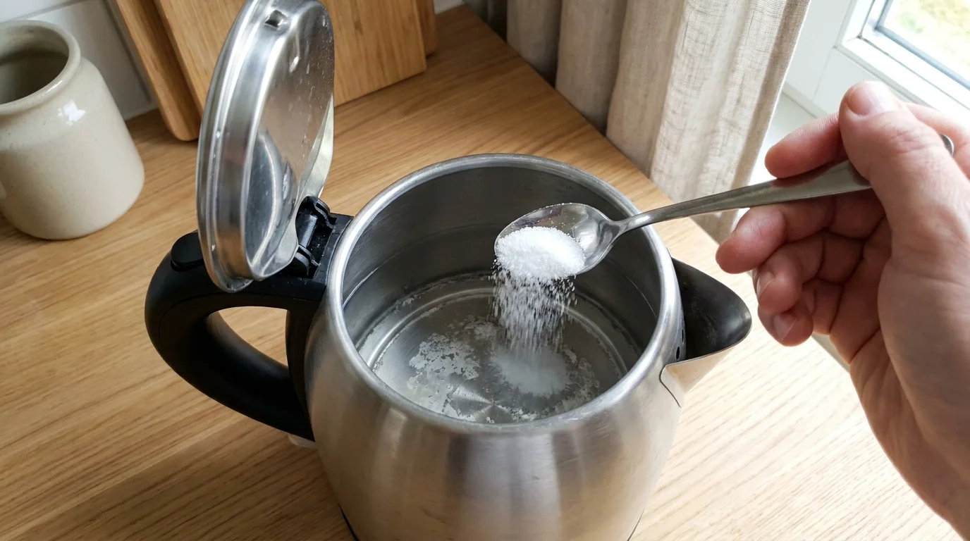 Vattenkokare med kalkbeläggning avkalkas med citronsyra