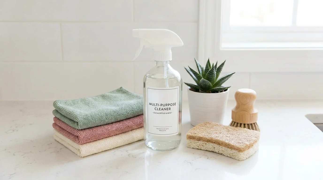 Snygg uppställning av trendiga städprodukter i cleantok-estetik