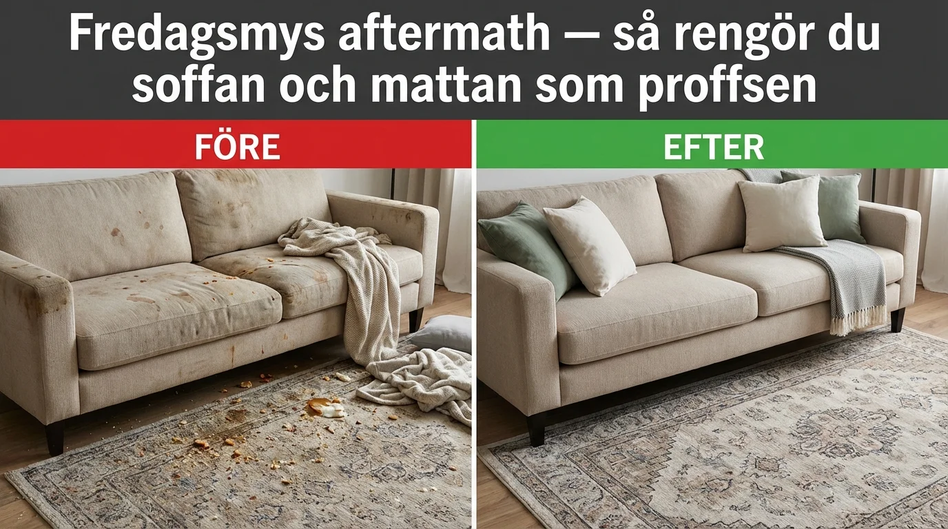 Före och efter — Fredagsmys aftermath — så rengör du soffan och mattan som proffsen