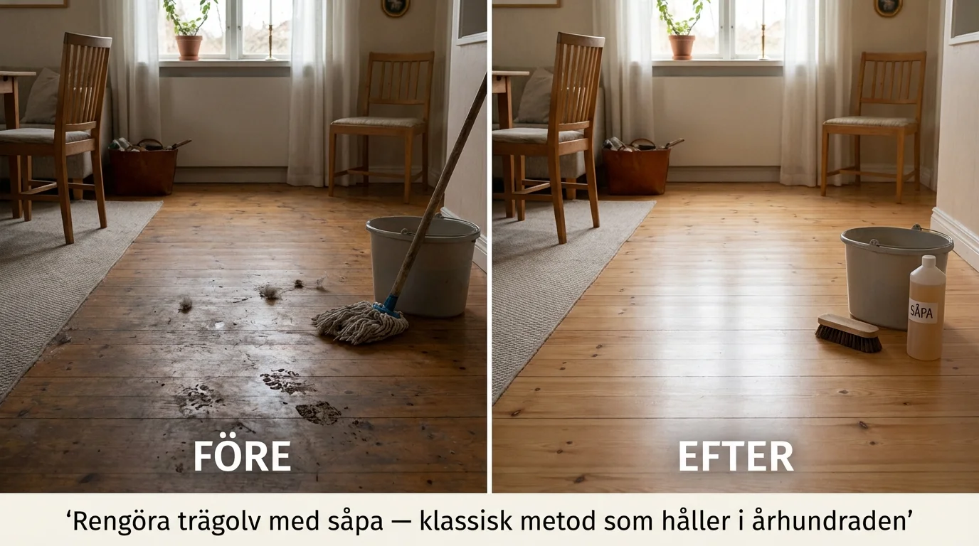 Före och efter — Rengöra trägolv med såpa — klassisk metod som håller i århundraden