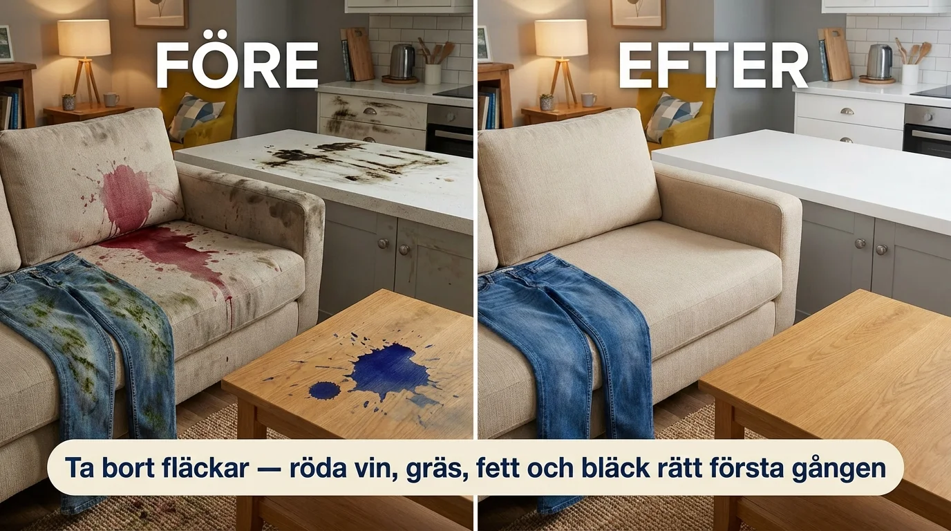 Före och efter — Ta bort fläckar — röda vin, gräs, fett och bläck rätt första gången