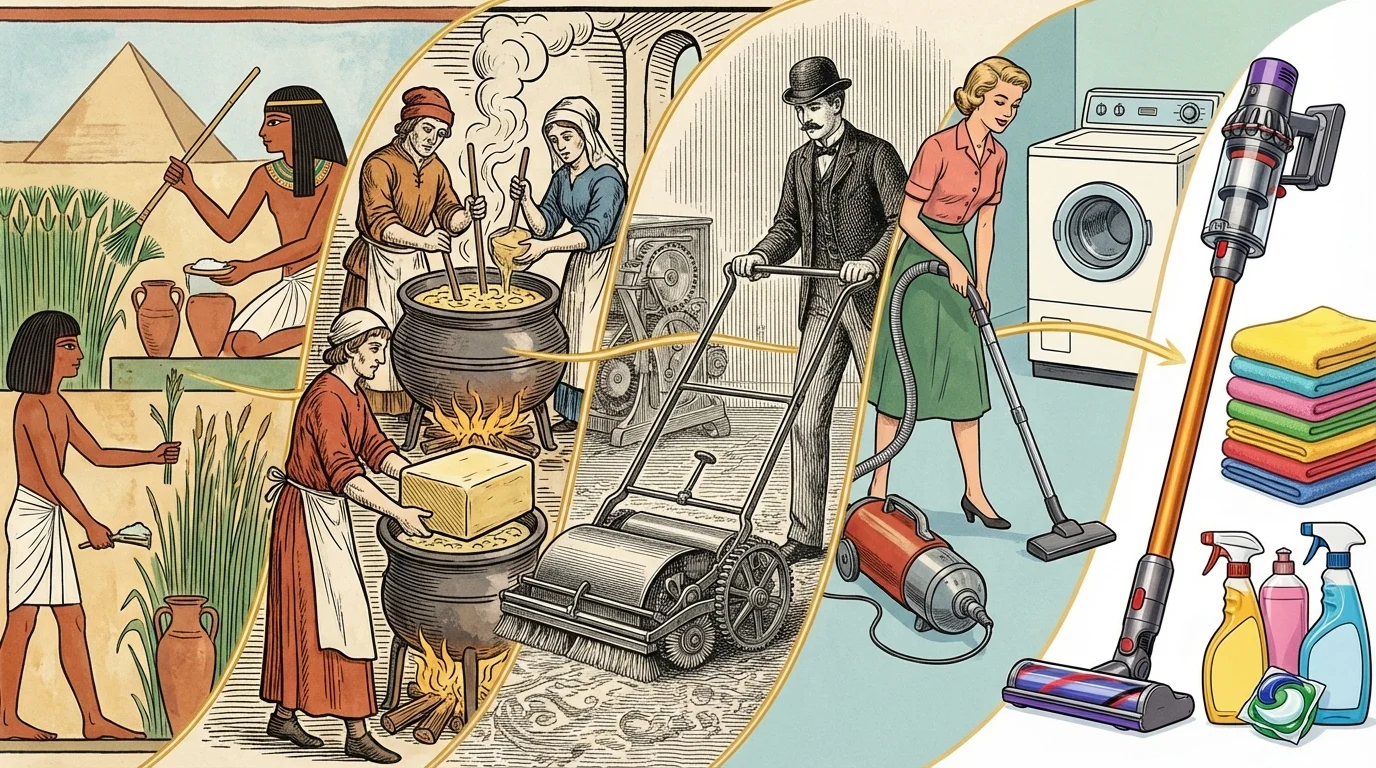 Tidslinje över städningens utveckling från forntida Egypten till moderna städredskap