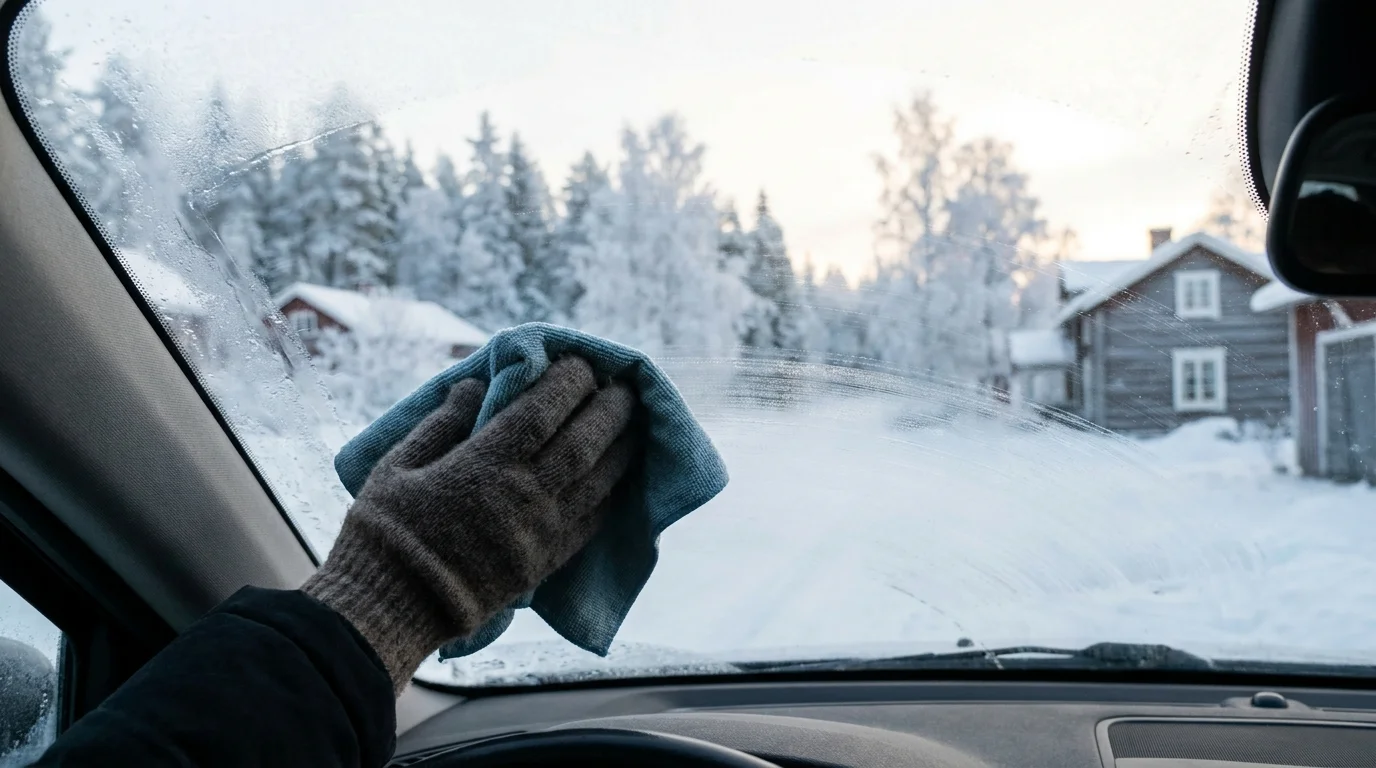 Hand torkar bort imma från vindrutans insida med mikrofiberduk