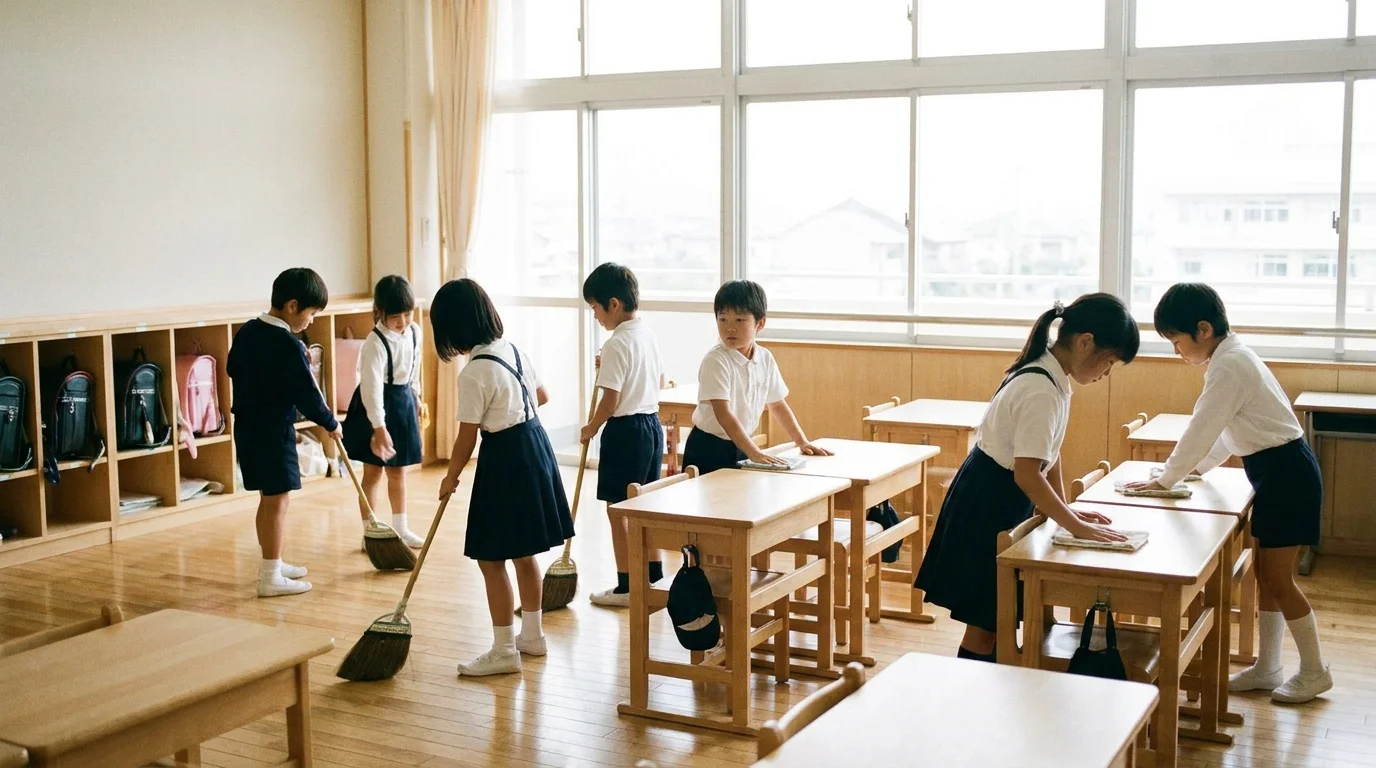 Japanska skolbarn städar klassrummet tillsammans efter lektionen