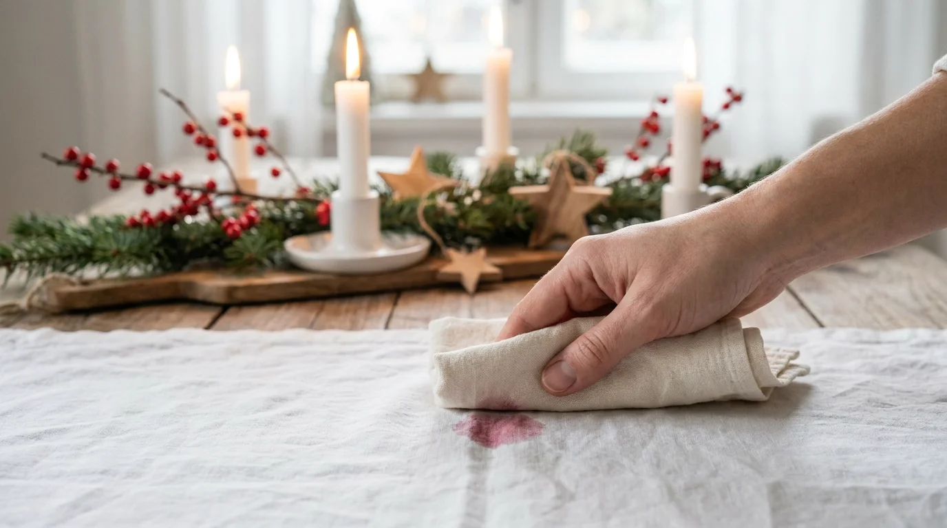 Glöggfläck på vit julduk suges upp med duk