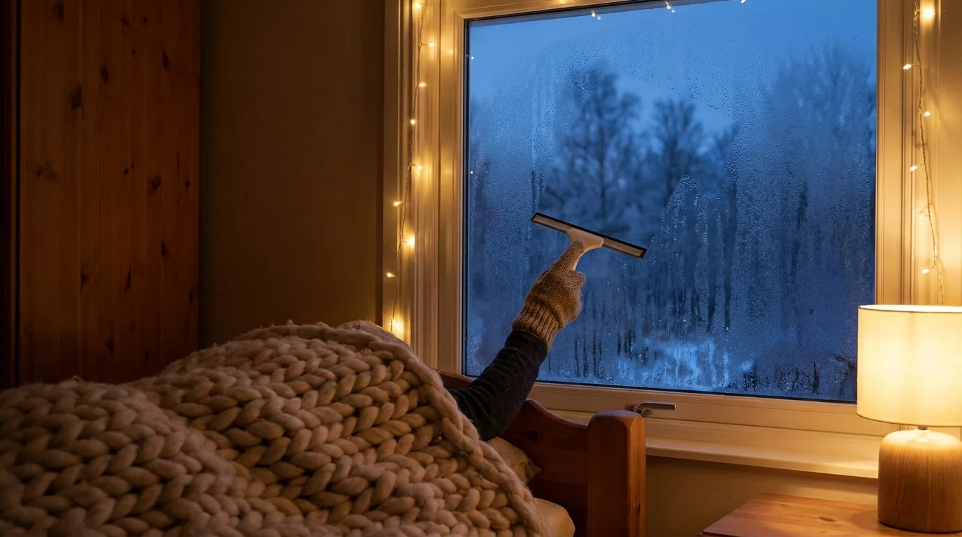 Kondens skrapas bort från insidan av ett sovrumsfönster en mörk morgon