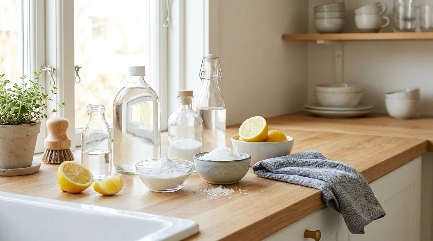 Naturliga rengöringsmedel uppställda i ett ljust kök: vinäger, citron, bikarbonat och salt