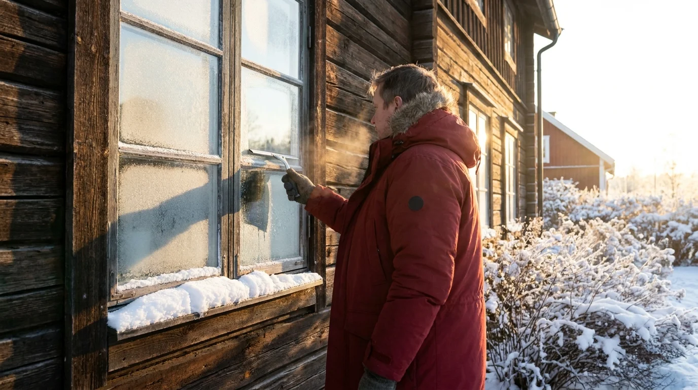 Fönster putsas med skrapa utomhus en frostig men solig vinterdag