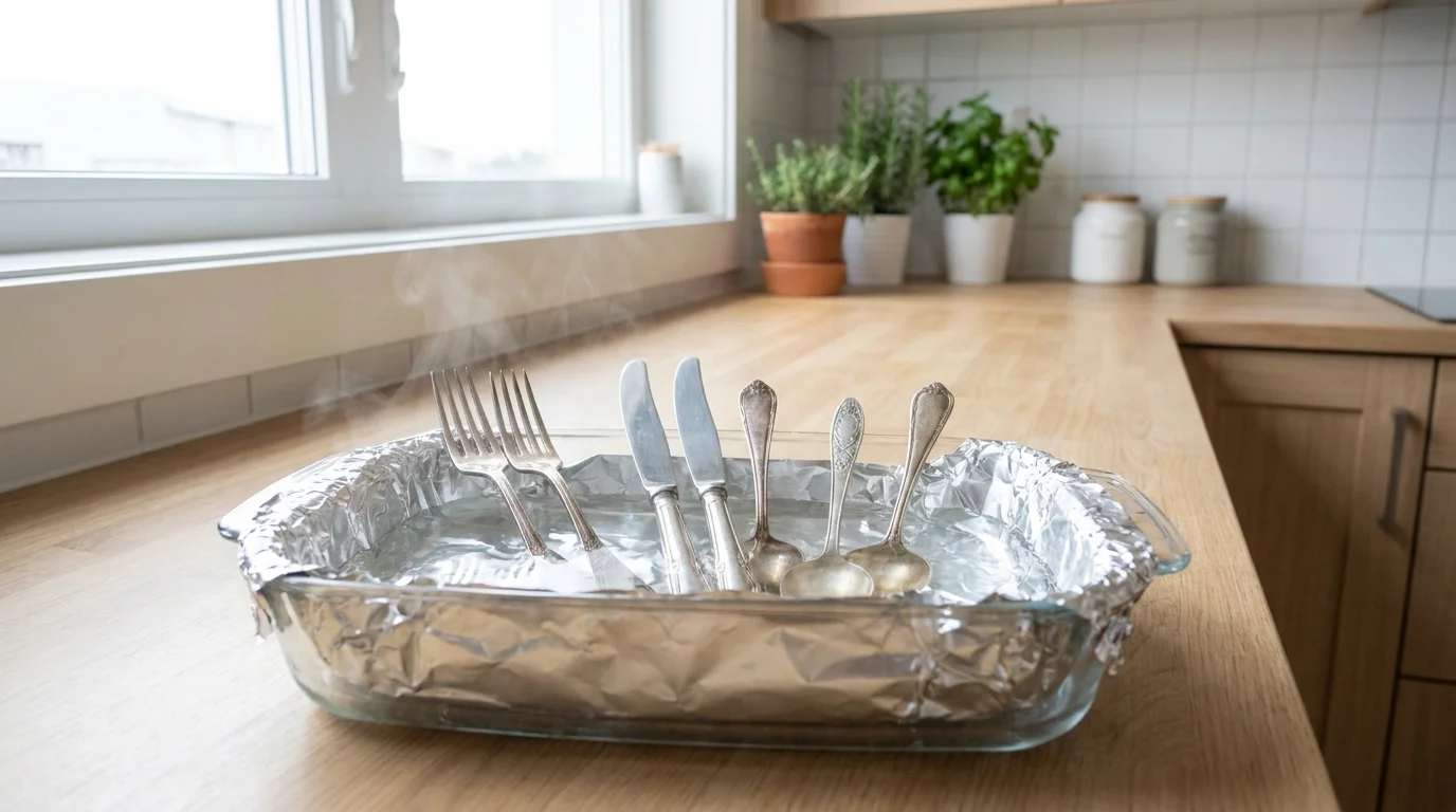 Silverbestick i folieklätt fat med hett bikarbonatvatten