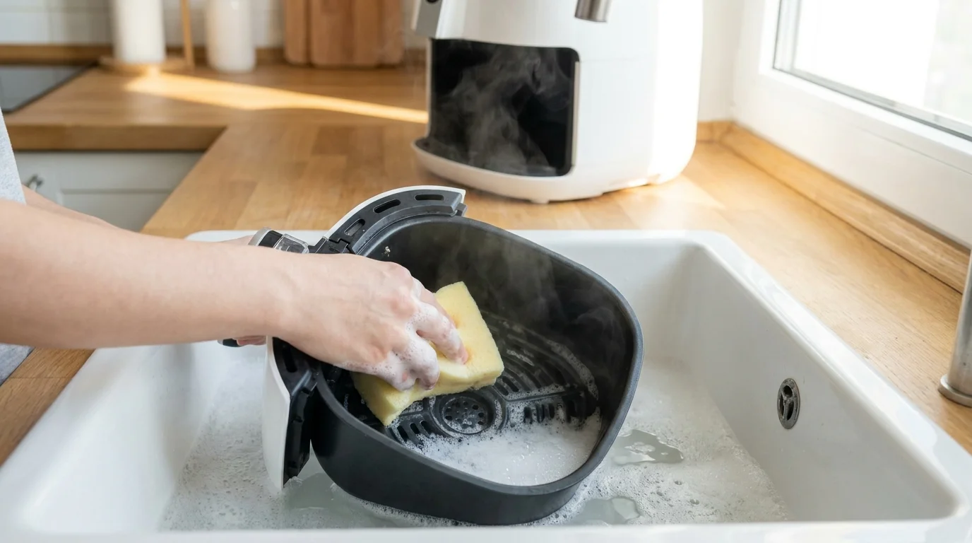 Airfryerkorg handdiskas med diskmedel och mjuk svamp