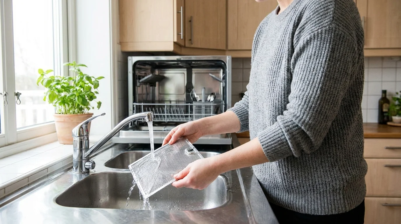 Diskmaskinens filter sköljs rent under kranen