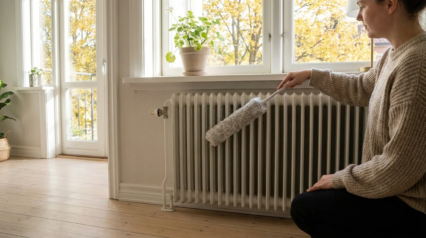 Smal dammvippa förs ner mellan lamellerna på en vit radiator