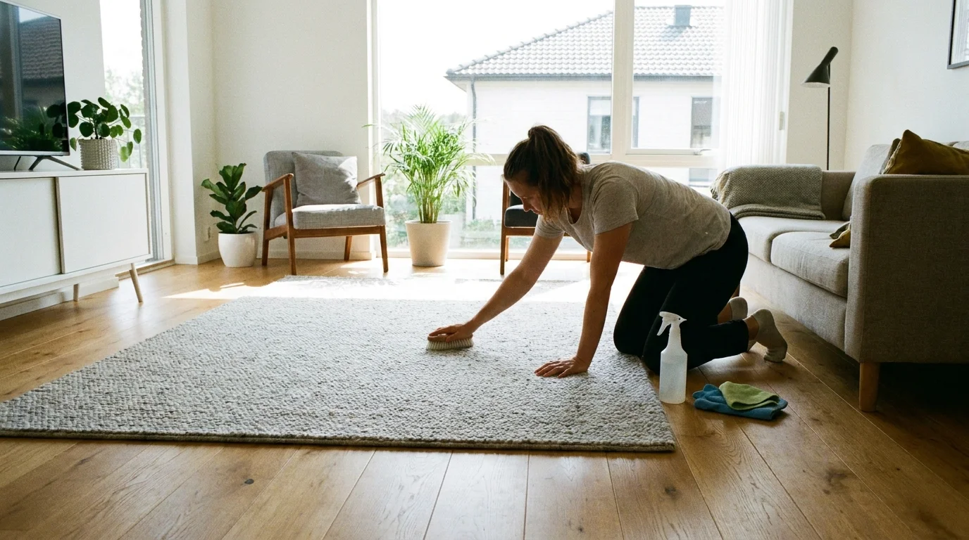 Djuprengöring av matta i vardagsrum med spray och trasa