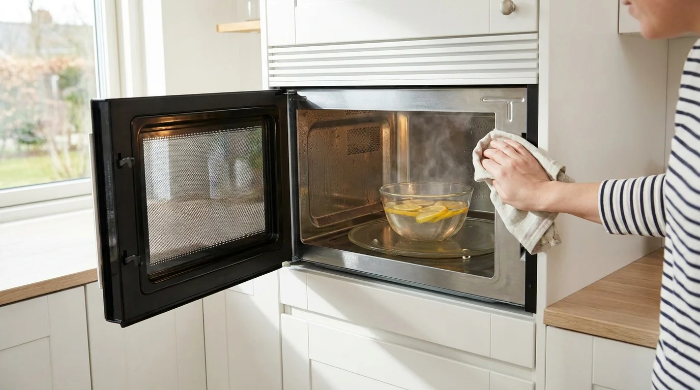 Mikrovågsugn rengörs med ångknepet med citron och vatten
