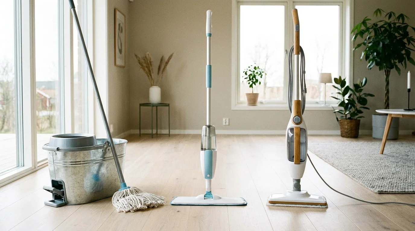 Skurmopp, spraymop och ångmopp uppställda sida vid sida på ett ljust golv