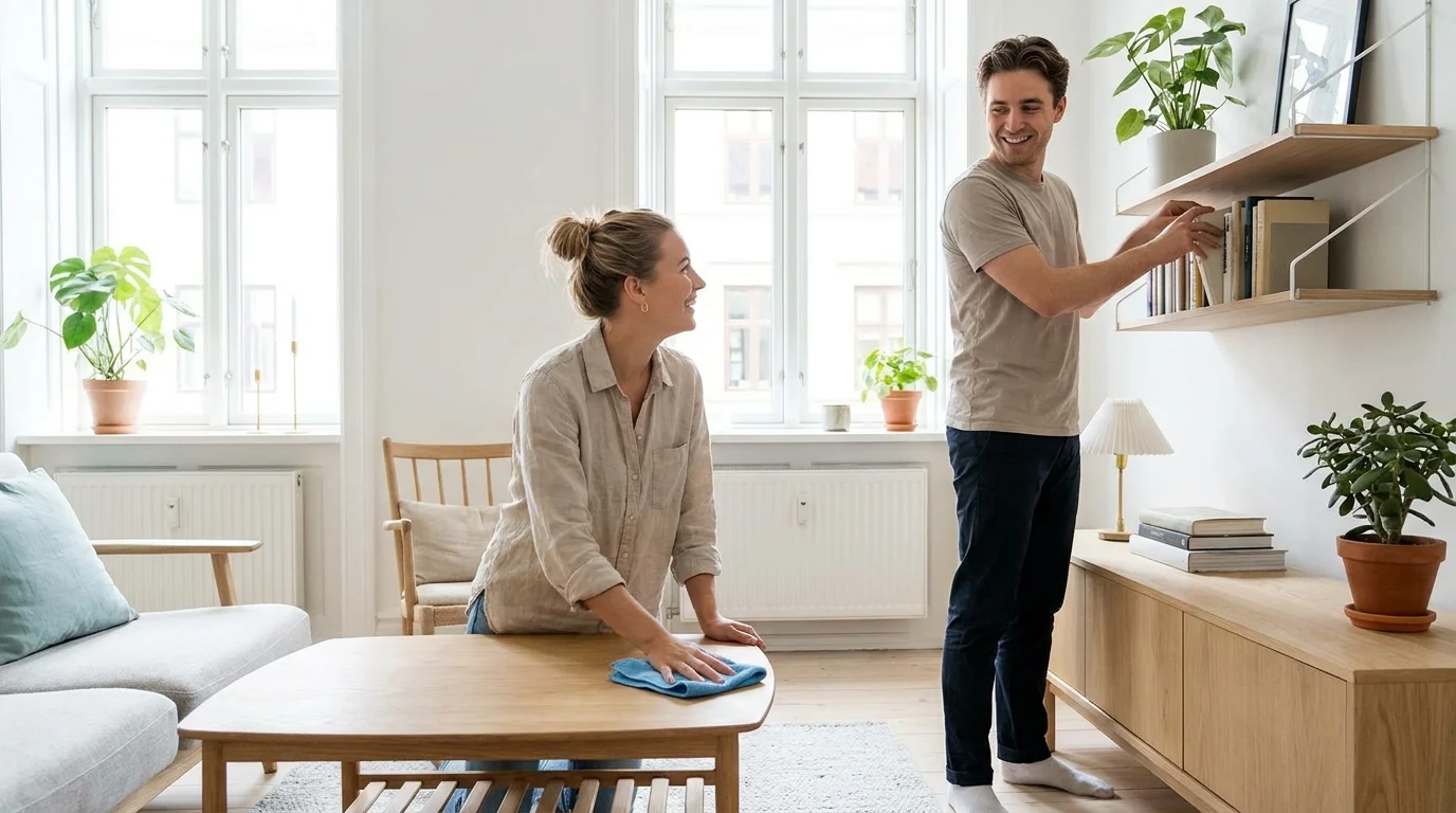 Två vänner städar ett ljust vardagsrum tillsammans