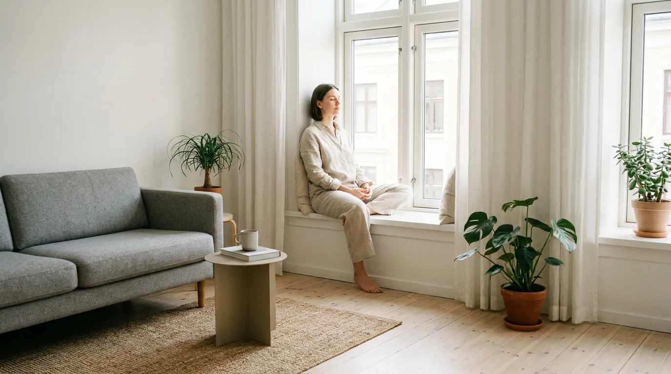 Lugn person som sitter i ett nystädat och ljust rum