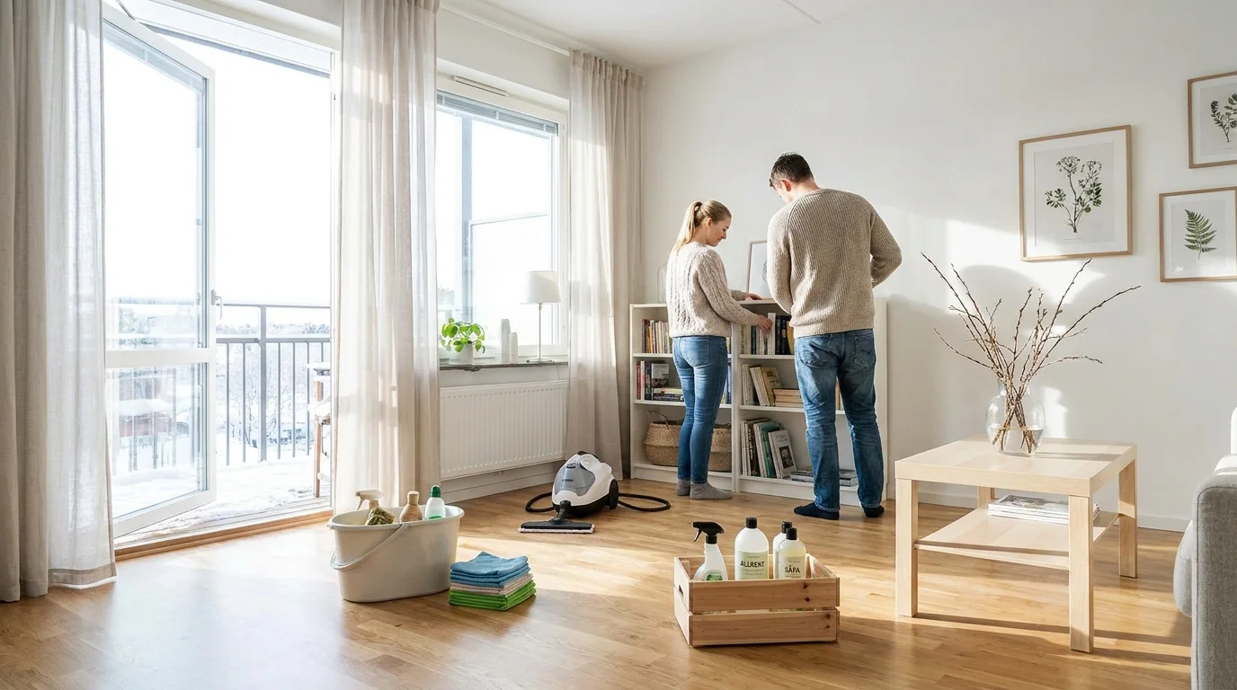 Ljust skandinaviskt vardagsrum som storstädas i januari