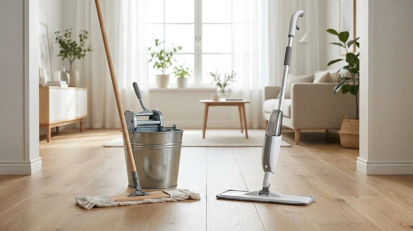 Traditionell flatmopp med hink jämförd med en spraymop på ett ljust trägolv