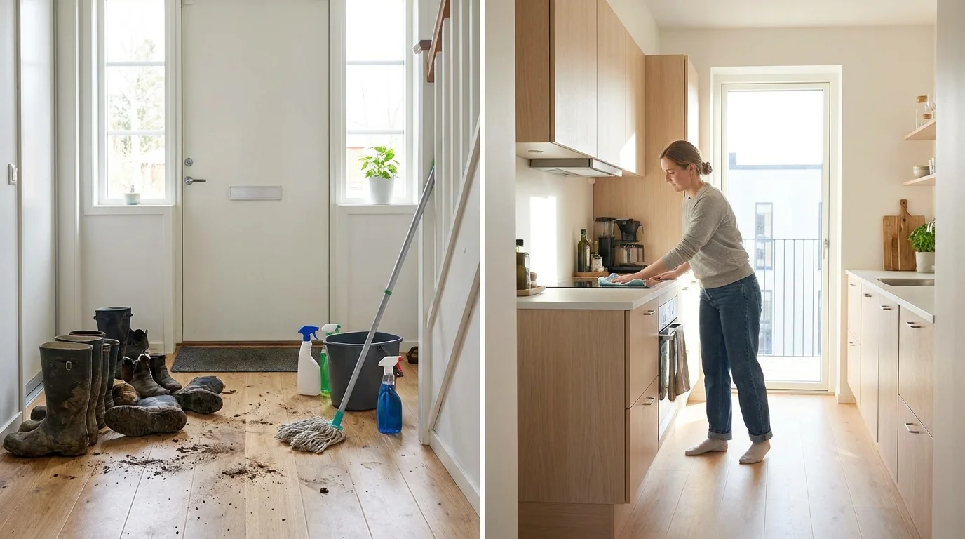 Delad bild som jämför städning i ett villahem och en lägenhet