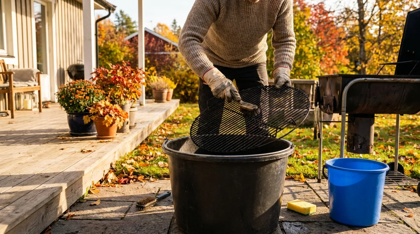 Grillgaller skrubbas rent utomhus inför vinterförvaring